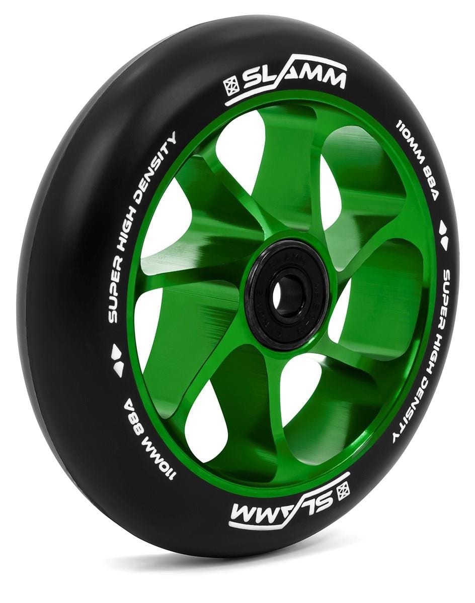 Introducing the Slamm Team 110mm Stunt Scooter Wheel in green, designed with a high-rebound PU construction for superior performance. This wheel features a premium-grade aluminium core with sleek spokes, adorned with "SLAMM" and "SUPER HIGH DENSITY 110MM 88A," offering both durability and style.