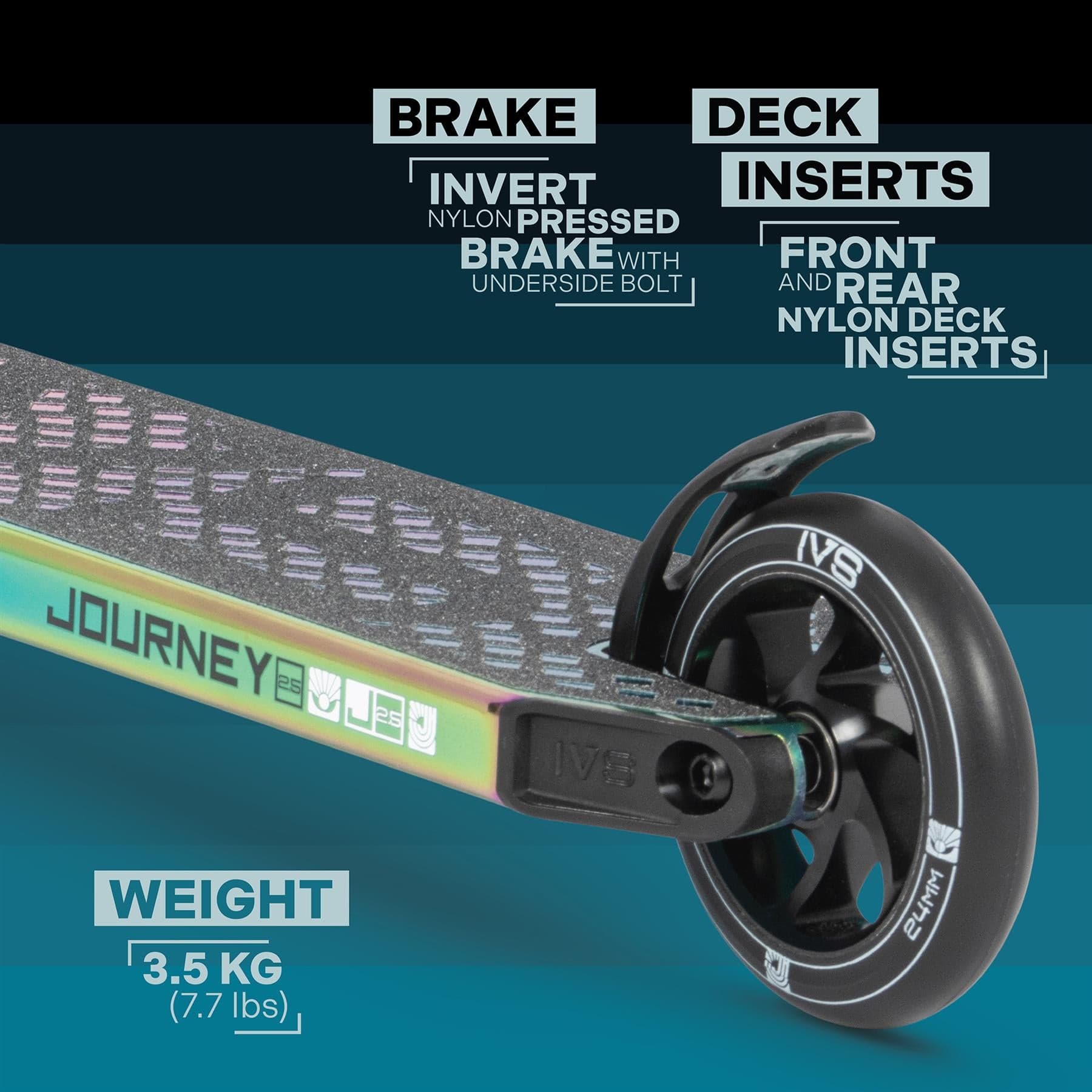 This close-up of the Invert Supreme Journey 2.5 Jamie Hull Stunt Scooter - Oil Slick Neochrome by Invert showcases its exceptional durability and maneuverability. It features an innovative brake mechanism with an inverted nylon pressed brake, an underside bolt, and a deck equipped with front and rear nylon inserts, along with a sturdy wheel. Ideal for intermediate riders, it weighs merely 3.5 kg (7.7 lbs).