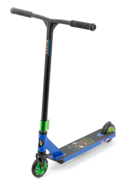 Introducing the Slamm Classic Complete Stunt Scooter - Blue by Slamm. This freestyle scooter boasts an eye-catching blue and black design with green accents, featuring a sturdy deck and black Pro Team grips on the handlebars. Its standout 110mm alloy wheels embellished with designs make it an ideal choice for beginners looking to master tricks and stunts.