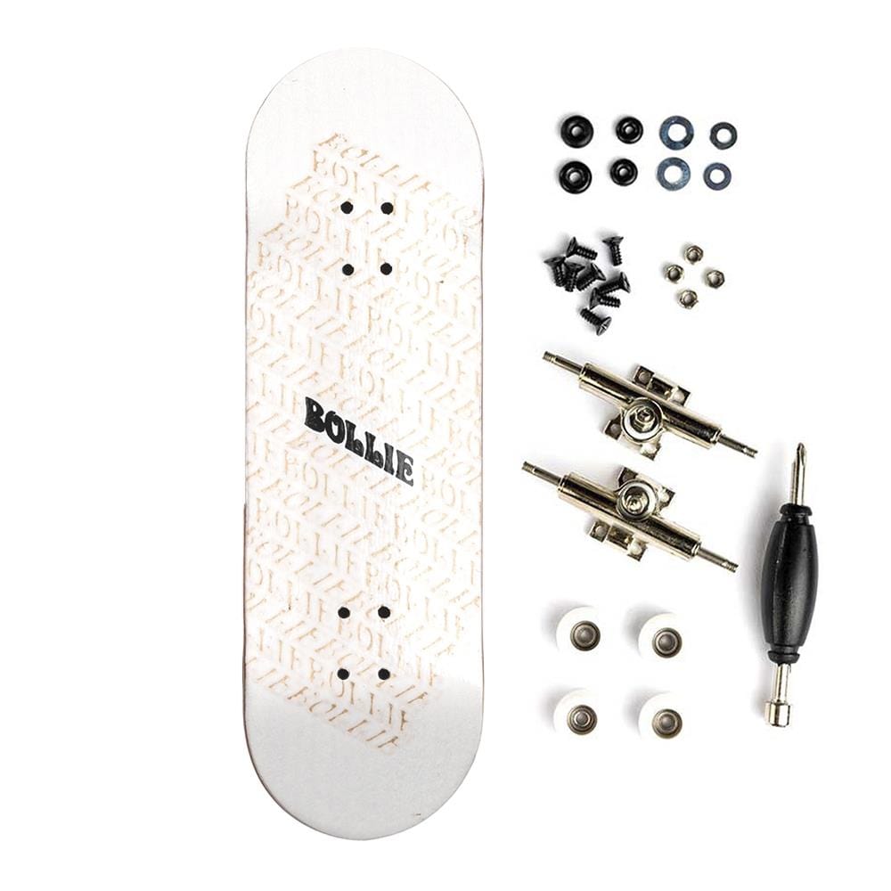 Discover the Bollie Fingerboard 'Nine Set' Deck Set - Nature: an ideal starter board showcasing a white deck with a geometric pattern and "BOLLIE" in black. This set comprises metal trucks, wheels, screws, nuts, a screwdriver, and washers—all meticulously organized beside the fingerboard deck.