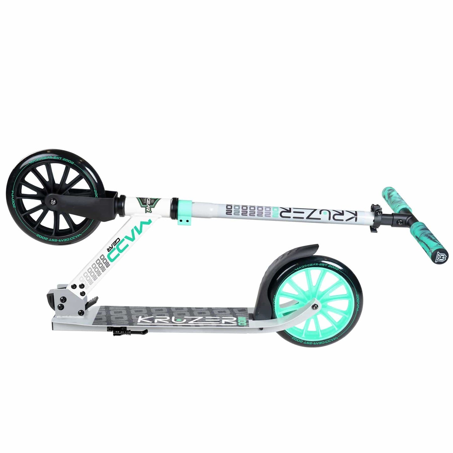 The Madd Gear MGP Carve Kruzer V2-200 Commuter Foldable Scooter features a sleek grey and teal color scheme with large wheels and a black deck. Its teal handlebars and convenient folding design make it ideal for commuting, while stylish branding and graphics adorn the deck and frame.