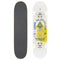 Here are two perspectives of the Arbor Whiskey Experience White / Yellow Complete Skateboard: one showcasing the black grip tape on top, and the other revealing its vibrant bottom artwork with geometric shapes, plants, and "Arbor Skateboards" text. This skateboard is deeply rooted in street wheel culture.