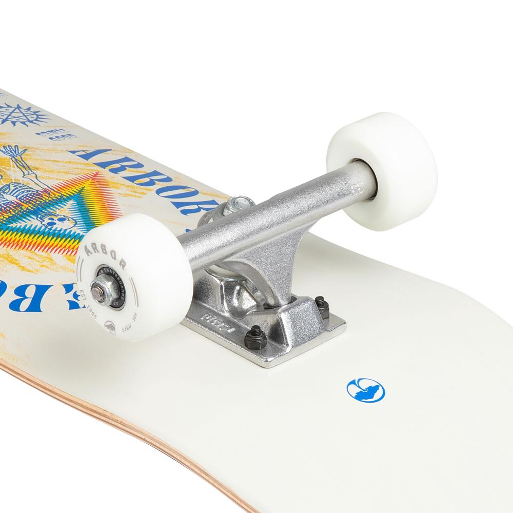 A close-up of the Arbor Whiskey Experience White / Yellow Complete Skateboard highlights the front truck and street wheel affixed to its vibrant, colorful deck, capturing the essence of Arbor's design.