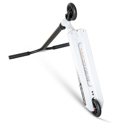 The Madd Gear (MGP) VX Origin III 500 Complete Stunt Scooter in White Pearl features a lightweight deck with small wheels, black handlebars with grips, and bold "MADD GEAR" and "VAPOR" prints on the deck for flair.