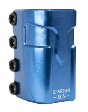 The Supremacy Spartan 4 Bolt Oversized SCS Stunt Scooter Clamp in blue stands out with its sleek anodized aluminum design, featuring four sturdy 6mm black bolts on the side. The engraving "SPARTAN SCS" at the bottom highlights its durable craftsmanship.