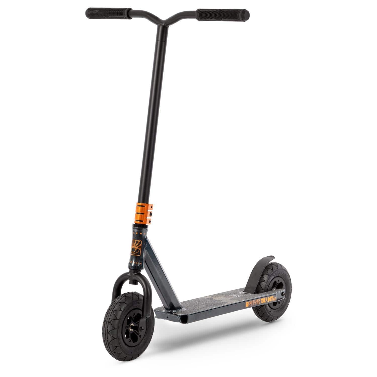 The Invert Supreme Taunt V2 Complete Dirt Scooter in Astral Silver and Copper boasts a sleek design with tall handlebars, orange accents near the stem, and a wide foot deck. Its high-performance features include sturdy pneumatic wheels, making it perfect for tackling various terrains.