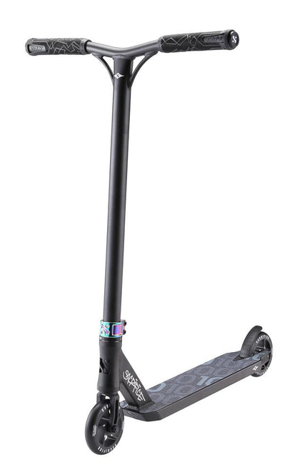 Introducing the Sacrifice Flyte 100 V2 Complete Stunt Scooter in a sleek black and neochrome finish, featuring a tall handlebar, a streamlined deck with an eye-catching graphic design, and robust wheels. This minimalist pro scooter from Sacrifice is tailored for modern urban travel and sports.