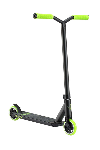 Introducing the Blunt Envy ONE S3 Complete Stunt Scooter in Lime. This sleek black scooter features vibrant lime grips and wheels, along with a durable aluminum deck enhanced by a subtle green design. Its sturdy pro scooter parts ensure it can handle the toughest tricks with ease.