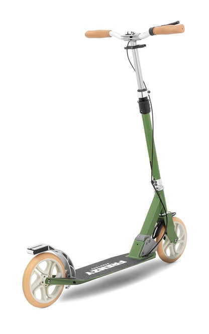 Introducing the Frenzy 205mm Dual Brake V4 Foldable Commuter Scooter in Green. This versatile scooter features large, cream-colored wheels, black handle grips, and a sleek black deck with a white Frenzy logo. Perfect for commuters, it boasts a rear fender brake and an adjustable handlebar for seamless commuting.