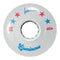 The Luminous LED 85A Quad Roller Skate Wheels - All Stars feature a white design adorned with three red stars, a blue star, and bold blue text displaying "Luminous." The dimensions "62mm x 38mm" along with the "85A durometer urethane" are marked on them, making these wheels ideal for skating sessions. A small blue symbol enhances the look, adding an extra touch of flair.