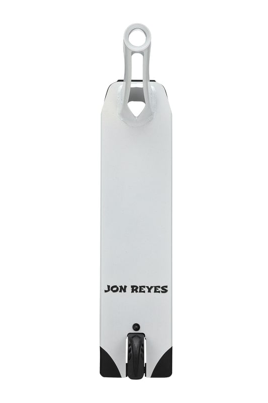 Close-up of the underside of a Blunt Envy AOS V5 LTD Jon Reyes Signature Stunt Scooter Deck, featuring black text "Jon Reyes" near the rear wheel. This limited edition 4.75" x 20.5" deck showcases a sleek design that perfectly captures the style favored by pro riders, with its partially visible wheel at the bottom.