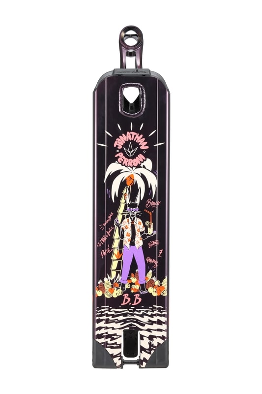 This limited edition Blunt Envy AOS V5 LTD Jonathan Perroni Signature Stunt Scooter Deck, measuring 6" x 23", showcases vibrant graffiti-style artwork. It features a character with a hat and sunglasses amidst tropical elements and text, set against a dark background that accentuates the dynamic design reminiscent of other Blunt Envy products.