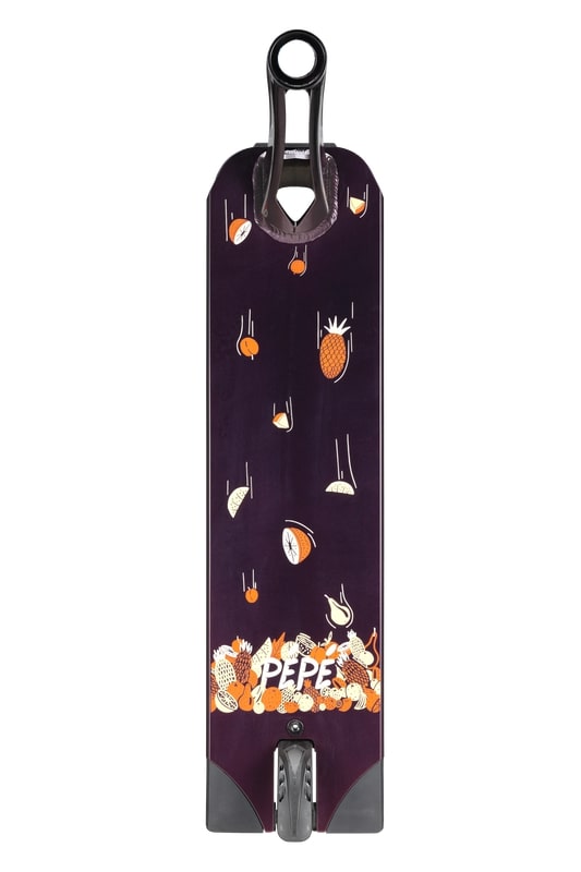 This exclusive Blunt Envy AOS V5 LTD Jonathan Perroni Signature Stunt Scooter Deck, measuring 6" x 23", is a dark purple masterpiece. It features a handle and single rear wheel, adorned with lively fruit-themed illustrations of oranges and strawberries. The word "PEPE" is prominently displayed near the bottom, making it an ideal choice for fans of unique stunt scooter decks.