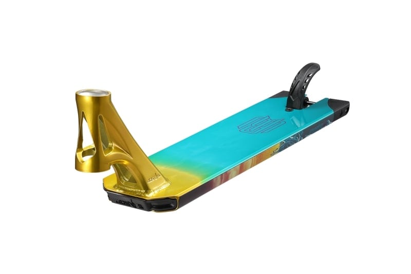 Introducing the Blunt Envy AOS V5 LTD Raymond Warner Signature Stunt Scooter Deck in turquoise and gold, featuring an integrated brake and a stunning gradient effect. Its sleek design is enhanced by a gold triangular front support bracket, making it an unparalleled choice for scooter enthusiasts.