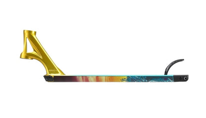 A close-up of the Blunt Envy AOS V5 LTD Raymond Warner Signature Stunt Scooter Deck reveals a gold head tube and a multicolored deck adorned with abstract patterns. The design of this Limited Edition model transitions seamlessly from gold to vibrant rainbow hues, culminating in striking black and teal elements at the end.