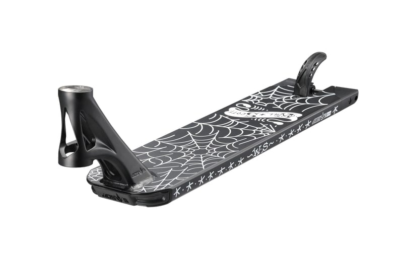 This is the Blunt Envy AOS V5 LTD Will Scott Signature Stunt Scooter Deck, featuring a black finish with a white spider web design and brand logo. Its durable construction and smooth surface make it perfect for Blunt Envy AOS V5 LTD models. The deck's angled sections ensure easy attachment of scooter components.