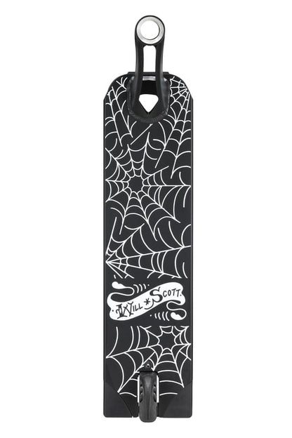 The Blunt Envy AOS V5 LTD Will Scott Signature Stunt Scooter Deck, measuring 6" x 23", showcases a black design with white spider web patterns. The name "Will Scott" appears in stylized lettering amidst the web motifs. This limited edition deck includes a brake positioned at the rear.