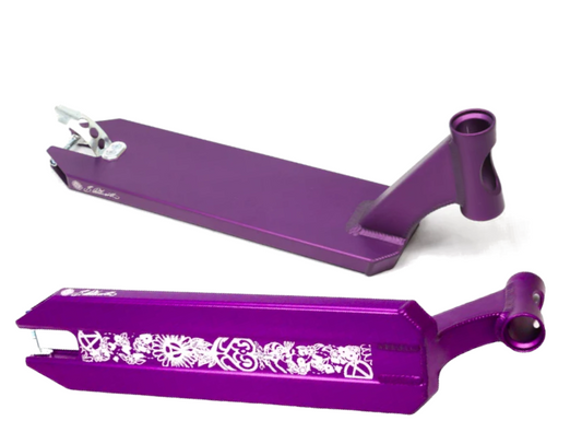 Introducing the Apex Pro Bianca Dilworth Signature Purple Stunt Scooter Deck, measuring 5" x 19.3". These decks feature elegant white floral and heart designs on a purple base, angular edges, glossy finishes, visible mounting holes, and a reliable brake—perfect for riders craving style and performance.