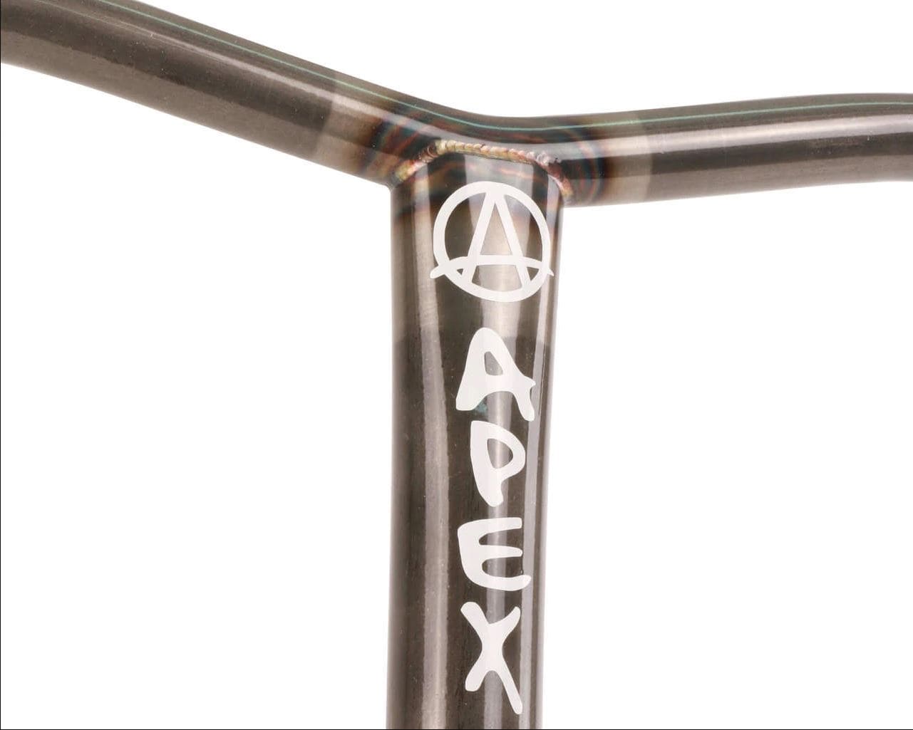 Detailed close-up of an Apex Bol XXL Steel Oversized SCS Stunt Scooter Bar features a prominent Y-bar design. The handlebar showcases the "APEX" brand name and distinctive "A" logo. Made from robust 4130 Chromoly Steel, this product displays a captivating rainbow-like weld pattern near the joint. Set against a plain white background, it emphasizes this exceptional creation by Apex.