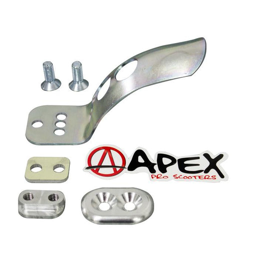 The Apex Deck Complete Replacement Scooter Brake Assembly features a metal brake lever, two screws, and three mounting brackets. The "Apex" brand name with the iconic red "A" logo guarantees high-quality replacement scooter brake components.