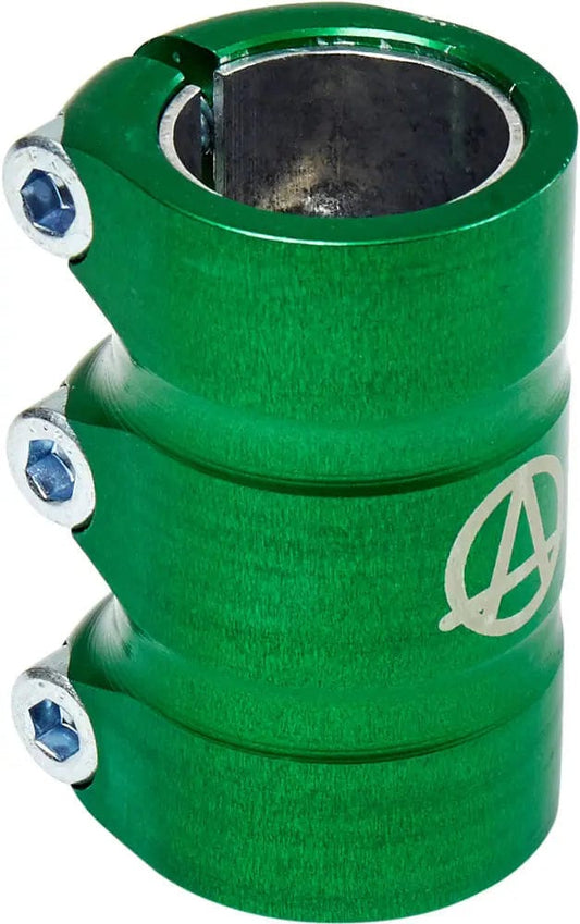 The Apex Gama 3 Bolt Oversized SCS Stunt Scooter Clamp in green, featuring a bold "A" logo, is designed for durability with its three robust bolts, offering outstanding compatibility for secure rides.