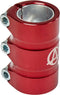 The Apex Gama 3 Bolt Oversized SCS Stunt Scooter Clamp in red, crafted by Apex, features three bolts and an engraved symbol, providing superior strength and durability for securing parts.