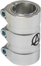 The Apex Gama 3 Bolt Oversized SCS Stunt Scooter Clamp by Apex is crafted in silver with a cylindrical design that includes three bolt screw holes for increased durability. Its distinguishing feature is a circular logo featuring an "A" etched on the side.