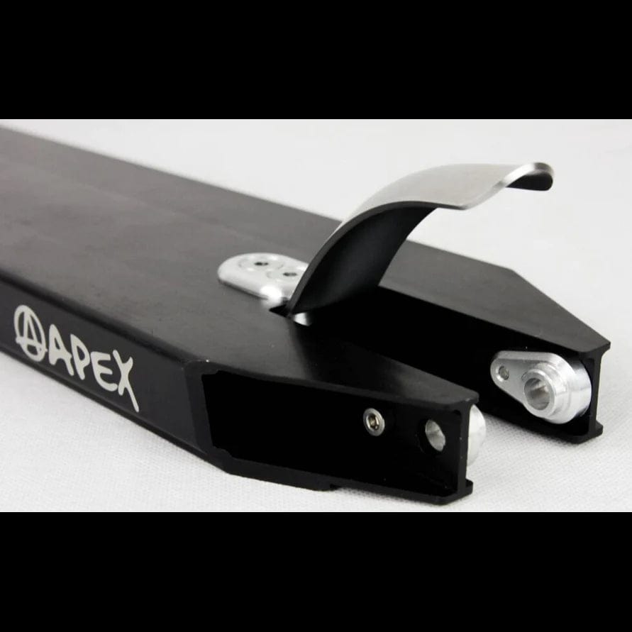 Close-up of a black scooter deck with "APEX" written on the side. The deck, similar to the Apex Pro Black Stunt Scooter Deck, 4.5" x 18.1", includes a metal kicktail and mounting hardware. It is set against a plain white background.