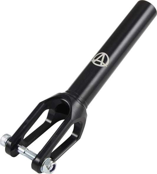 The Apex Quantum Lite SCS/HIC Stunt Scooter Forks in black, crafted by the brand Apex, boast a sleek and minimalist design with durable 7075 aluminium construction. This scooter fork features a cylindrical steering tube, two prongs with axle attachment holes, and a logo near the top. Completing its streamlined aesthetic is a visible bolt at the bottom.