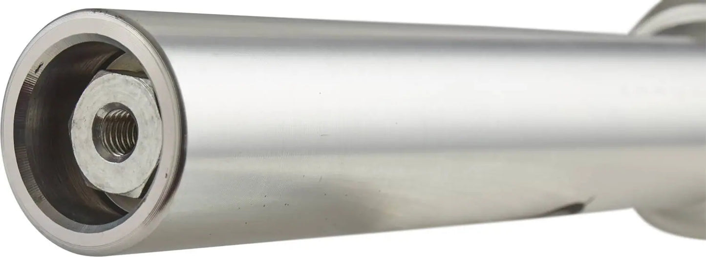 Close-up of a metallic cylindrical object with a threaded interior, crafted from 7075 aluminum. The smooth, reflective surface highlights its industrial design, suggesting usage in mechanical or engineering applications like the Apex Quantum Lite SCS/HIC Stunt Scooter Forks in Raw Silver.