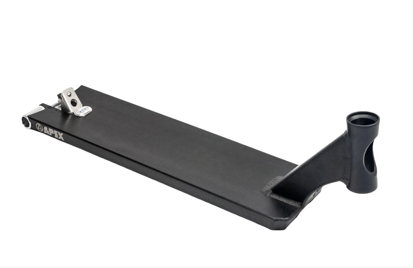 The Apex Pro Black Boxed Stunt Scooter Deck, measuring 6" x 22", showcases a sleek black design with silver accents and the word "APEX" prominently displayed on its side. This robust scooter deck includes a vertically aligned head tube at one end and a strong metal brake secured at the rear.