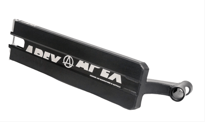 This Apex Pro Black Boxed Stunt Scooter Deck, measuring 6" x 22", boasts a robust construction and features silver branding along with a unique emblem centered on its black surface. The 6" wide deck is designed with a circular opening for easy handlebar attachment.