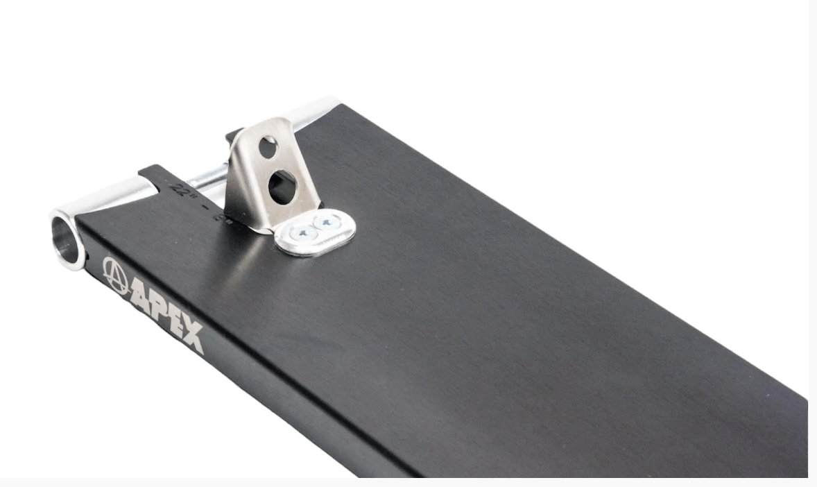 Close-up of the robust black metal deck featuring a silver mount and screws. "Apex" is printed in white on the side, highlighting the Apex Pro Black Boxed Stunt Scooter Deck. This 6" wide design is sleek and minimalistic.