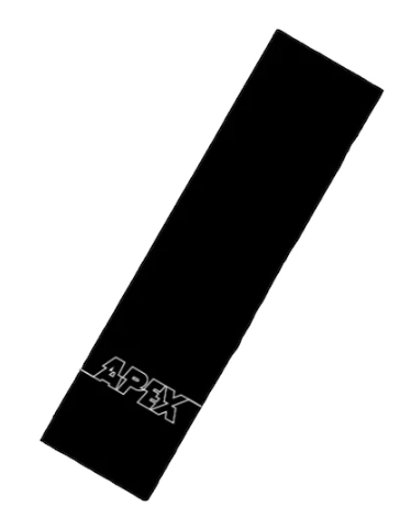 Set against a plain white background, the Apex Pro Scooter Griptape - Split comes in black with a rectangular shape and features the "APEX" label near one end. This durable adhesive griptape offers enhanced grip for scooters. 