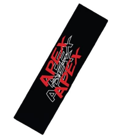 A black rectangular headband showcases the word "APEX" in bold red and white letters, mirroring the distinctive design of Apex Pro Scooter Griptape - Wave, renowned for its superior grip.