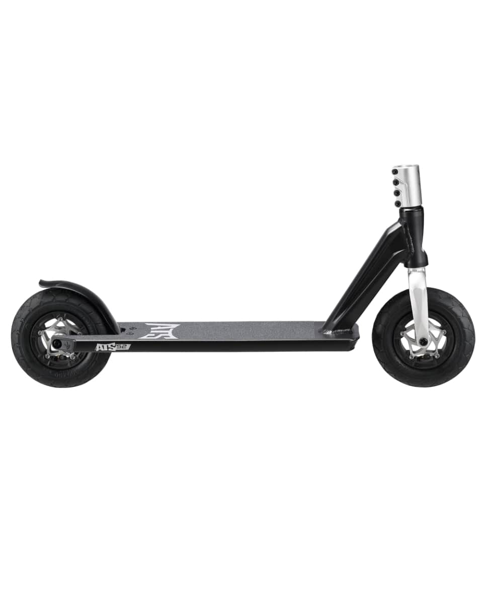 A side view of the Blunt Envy ATS S2 Bull Complete Dirt Scooter in Black/Silver, showcasing its minimalist design. It features large tires, a sleek matte-finish deck, and a sturdy handlebar stem. This all-terrain scooter is set against a plain white background.