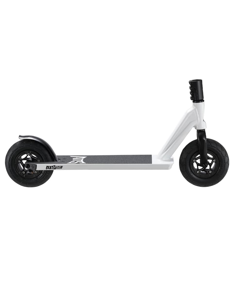 The Blunt Envy ATS S2 Bull Complete Dirt Scooter features pneumatic tires designed for all terrains, showcasing a sturdy build with a white frame and black deck. This side-view display is set against a plain white background.