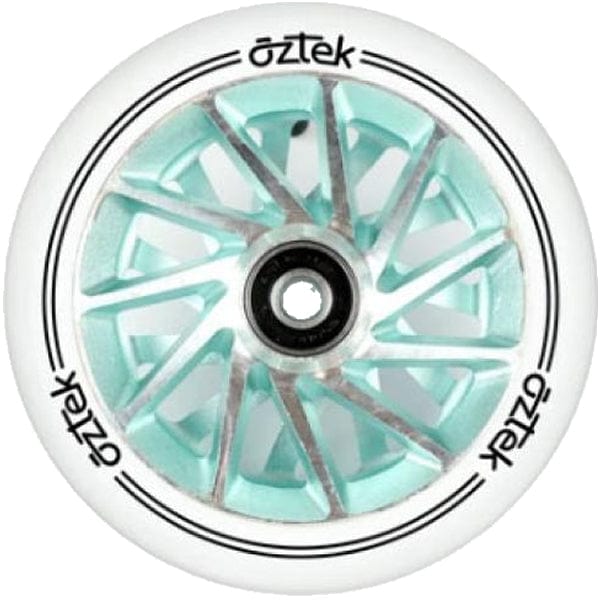 Close-up of an Aztek Ermine 110mm Stunt Scooter Wheel featuring "Aztek" branding. This wheel showcases a forged core with a white outer edge and a light blue and silver spoke design at the center, highlighting high rebound urethane for enhanced performance.