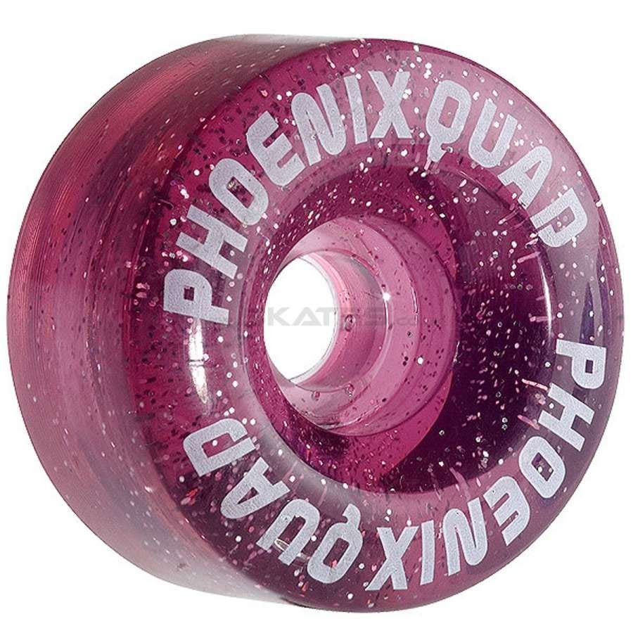 A close-up image of a translucent red roller skate wheel, branded "SFR," features glittery particles embedded in the material, epitomizing the signature sparkle of the Phoenix Quad Roller Skates Wheels.