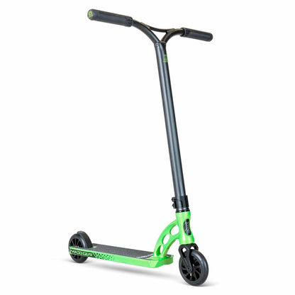 The MGP VX Origin III 450 Complete Stunt Scooter - Dragon Skin by Madd Gear combines a sleek, lightweight design with a sturdy black handlebar, green deck, and black wheels. Its angled position highlights the high-spec complete build and vibrant colors.