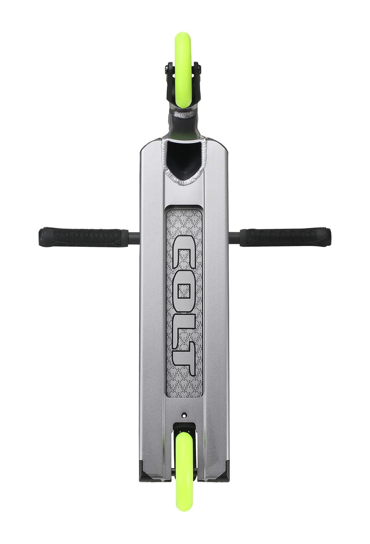 Top view of a Blunt Envy Colt S6 Complete Stunt Scooter - Silver deck featuring black grips, neon green wheels, and chromoly Tension bars. The word "COLT" is boldly printed on the deck, making it ideal for a hybrid style of riding.