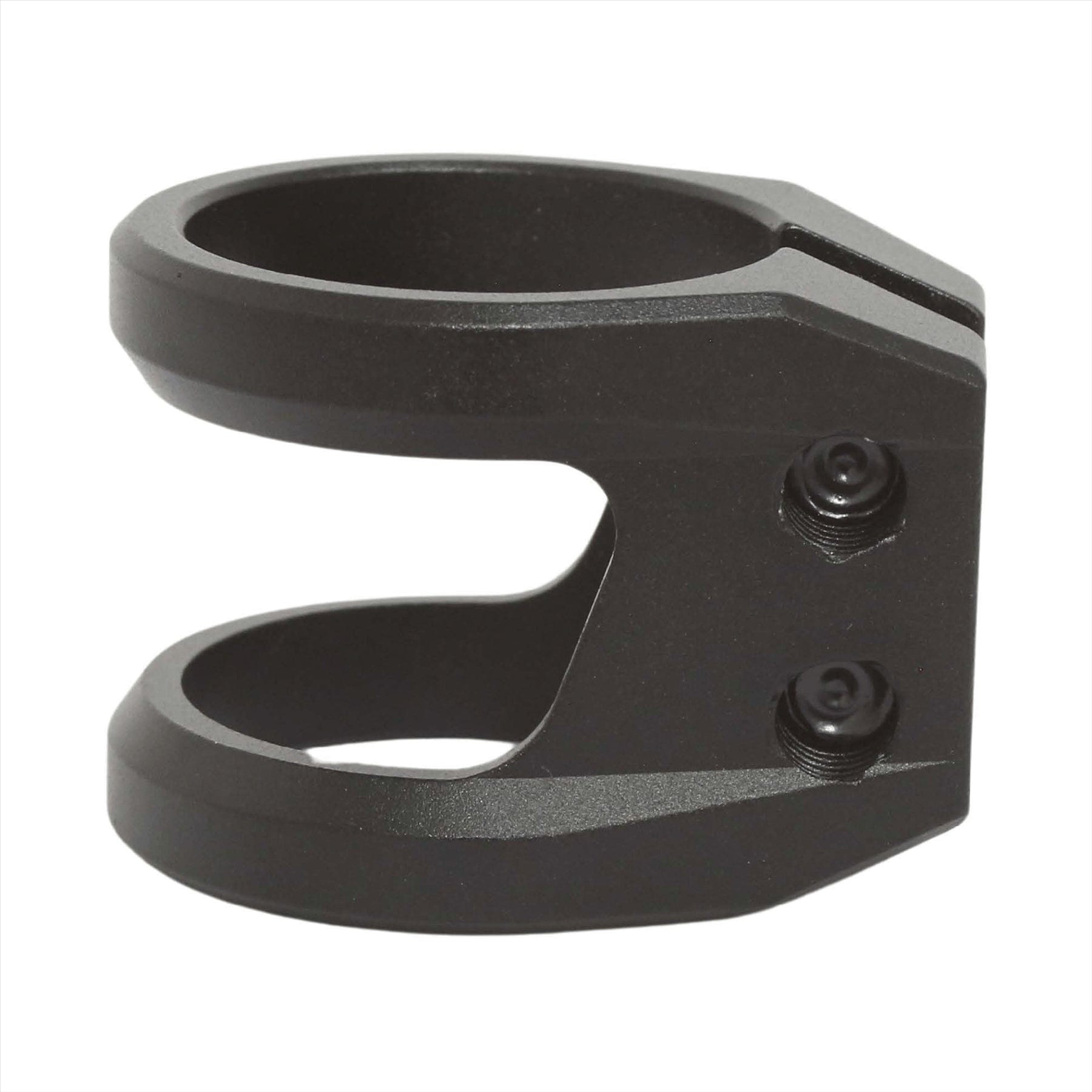 Introducing the Root Industries GT 2 Bolt Oversized Stunt Scooter Clamp in black, a sleek cylindrical metal clamp designed to secure tubular objects. This lightweight clamp features two screws and is compatible with various bar sizes. It showcases a smooth finish and an open, curved design with a gap between the upper and lower sections, perfect for securing your scooter bars effectively.