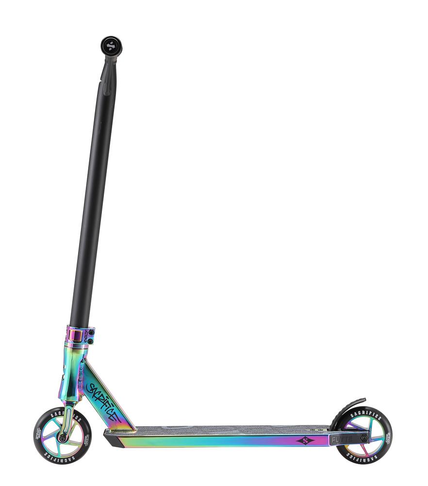 The Sacrifice Flyte 100 V2 Complete Stunt Scooter in Neochrome features a sleek black and iridescent design with a monochrome handlebar and dual-tone wheels. The deck shines with a metallic rainbow finish complemented by graphic details, making it a modern and minimalistic choice for stunt riding.