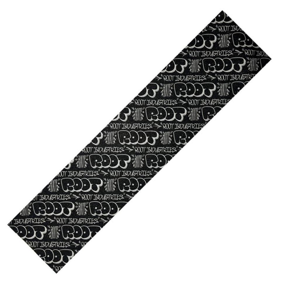 A black ruler adorned with white sketches of DJ equipment, musical notes, and music-themed designs gives off a vibe similar to Root Industries' Stunt Scooter Griptape - Tube Station. The prominent display of "ROOT" across the ruler signifies its premium materials set against a crisp white background.