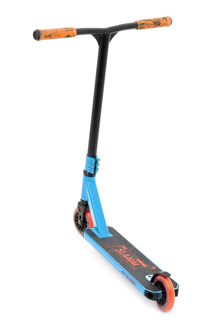 The Slamm Classic Mini Complete Stunt Scooter - Blue is ideal for freestyle scootering enthusiasts. This scooter features orange grips and wheels that complement its blue and black design. The deck boasts a dark design with the Slamm logo, while the T-shaped handlebar completes this entry-level masterpiece, elegantly displayed on a white background.