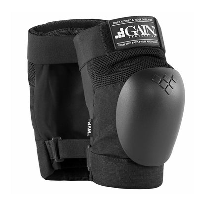 The GAIN Protection The MVP Knee Skate Pads in black feature a hard protective shell combined with a mesh and Cordura fabric design. A patch displays the "GAIN" brand, while the Sharkskin gripper provides a secure fit.