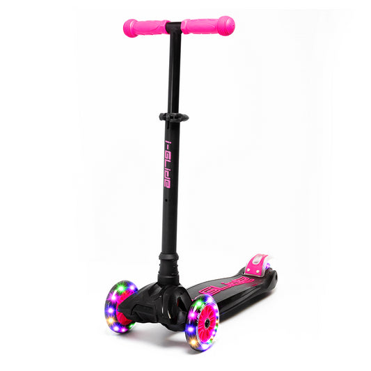 Introducing the I-Glide 3-Wheel LED Kids Scooter in Black/Pink, a striking scooter equipped with ezy-steer technology for effortless maneuverability and vibrant LED lights on the front wheels. The vivid pink handlebars offer adjustable height, making this scooter pop against a plain white backdrop.