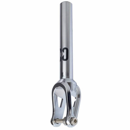 The CORE SL2 IHC Stunt Scooter Forks in Chrome feature a clean, sleek design. The chrome finish provides a smooth shine, highlighting its solid construction and minimalist aesthetics. A visible bolt at the base ensures secure attachment, making it an ideal choice for any scooter upgrade.