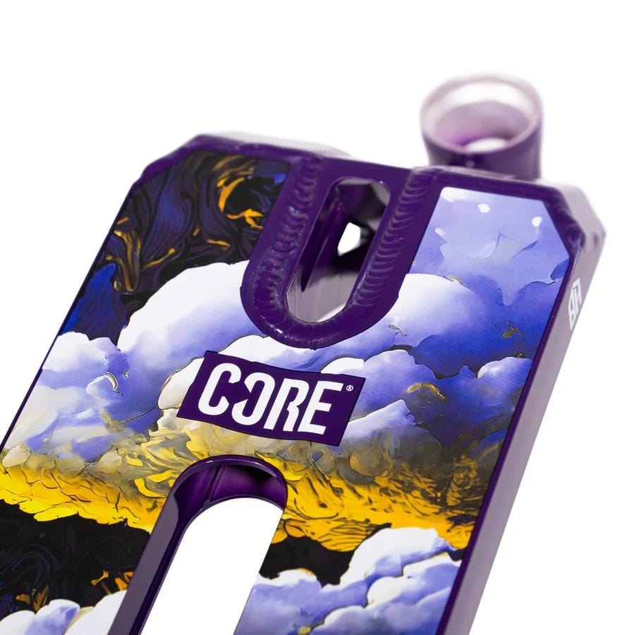 A close-up of a rectangular purple device featuring an artistic cloud design and a yellow sky, labeled "CORE ST2 Jack 'Halfbarz' Ward Signature," resembling the flair of a CORE stunt scooter deck, with a sleek mouthpiece on top.