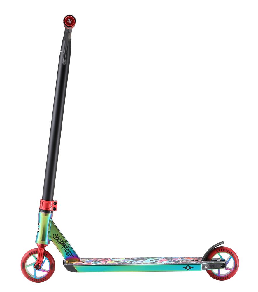 Introducing the Sacrifice Flyte 115 V2 Complete Stunt Scooter, a sleek and lightweight ride featuring a colorful deck adorned with graffiti-style art. It boasts a matte black handlebar and red wheels, ideal for tricks and freestyle riding. Brought to you by Sacrifice Scooters.